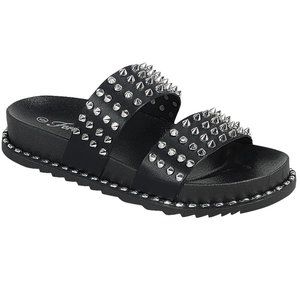 New Black Silver Pointy Studs Comfy Slides Sandals